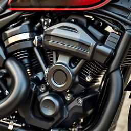 A detailed close-up of a motorcycle engine, showcasing intricate components like the cylinders, pistons, and chrome accents