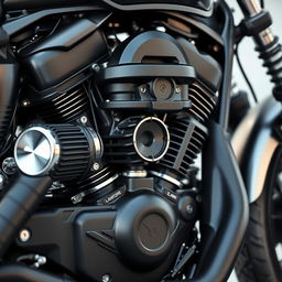 A detailed close-up of a motorcycle engine, showcasing intricate components like the cylinders, pistons, and chrome accents