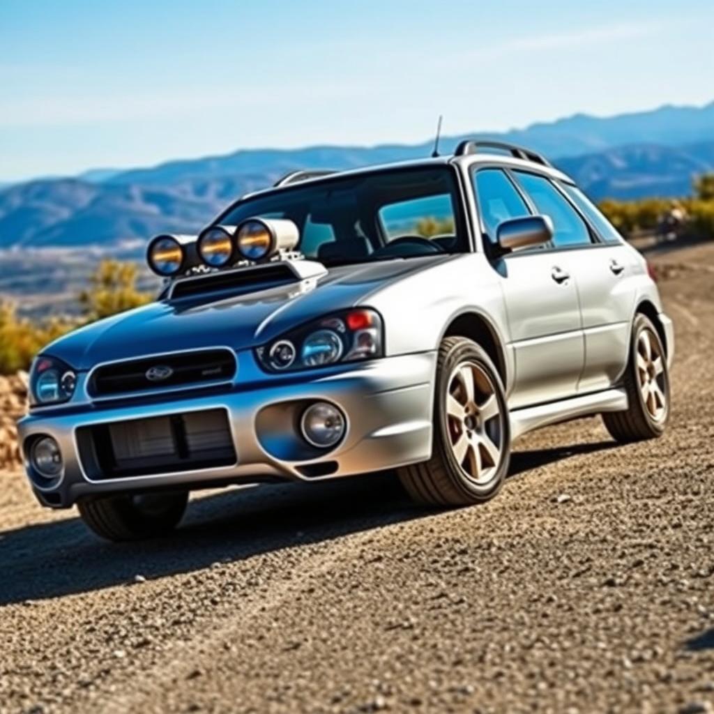 A silver 2002 Subaru Impreza WRX wagon, featuring rugged rally-style lamp pods mounted on the hood