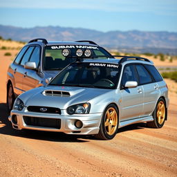 A silver 2002 Subaru Impreza WRX wagon, featuring rugged rally-style lamp pods mounted on the hood