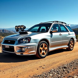 A silver 2002 Subaru Impreza WRX wagon, featuring rugged rally-style lamp pods mounted on the hood