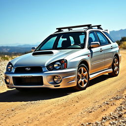 A silver 2002 Subaru Impreza WRX wagon, featuring rugged rally-style lamp pods mounted on the hood