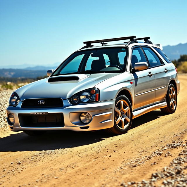 A silver 2002 Subaru Impreza WRX wagon, featuring rugged rally-style lamp pods mounted on the hood