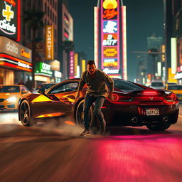 An intense and dramatic scene set in Grand Theft Auto V, depicting a character getting run over by a car