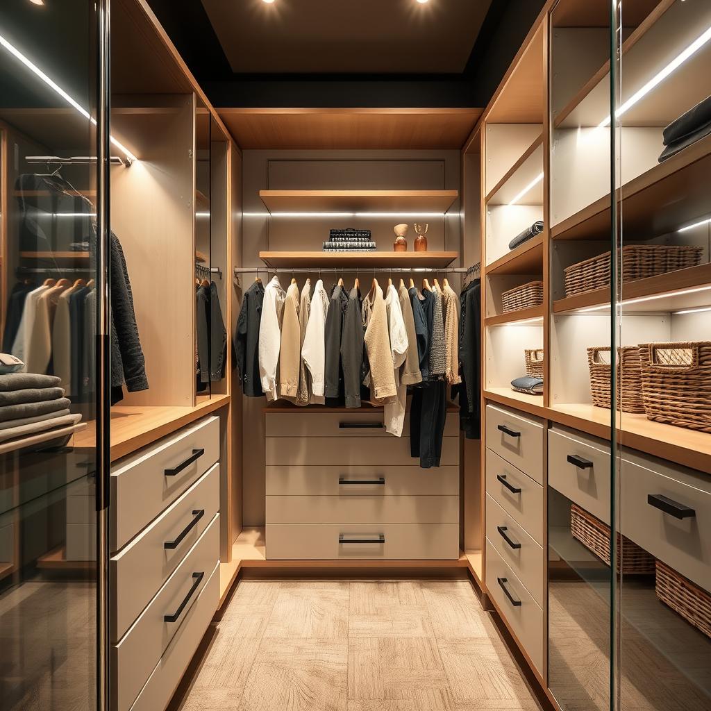 A modern closet interior designed with a combination of sleek, contemporary materials such as glass, metal, and polished wood