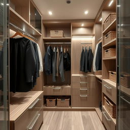 A modern closet interior designed with a combination of sleek, contemporary materials such as glass, metal, and polished wood