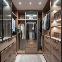 A modern closet interior designed with a combination of sleek, contemporary materials such as glass, metal, and polished wood