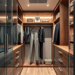 A modern closet interior designed with a combination of sleek, contemporary materials such as glass, metal, and polished wood