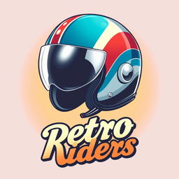 A vibrant retro-style helmet logo featuring a classic motorcycle helmet with a glossy finish