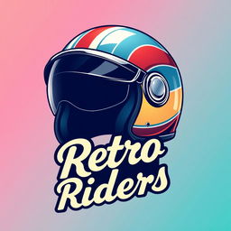 A vibrant retro-style helmet logo featuring a classic motorcycle helmet with a glossy finish