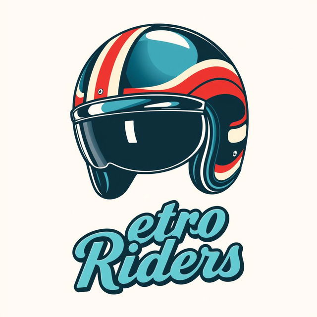 A vibrant retro-style helmet logo featuring a classic motorcycle helmet with a glossy finish