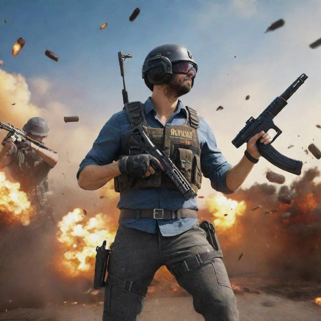 Intense PUBG mobile gaming scene with bullets flying and adrenaline pumping, superimposed with the text 'Omadli Vaziyatlar' in bold, dynamic lettering