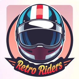 A vibrant retro-style helmet logo featuring a classic motorcycle helmet with a glossy finish