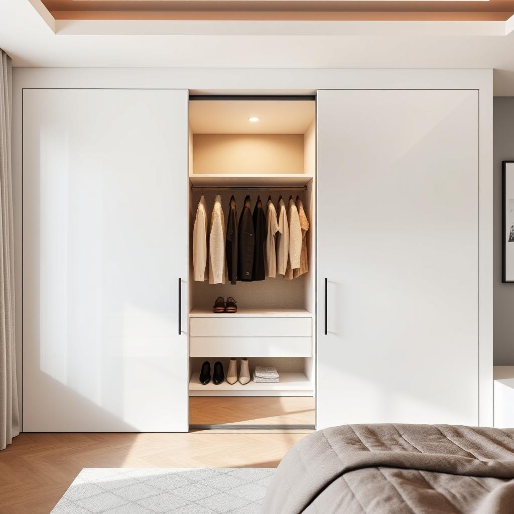 A built-in wardrobe designed for a bedroom featuring two large sliding doors finished in a glossy white lacquer, creating a sleek and modern appearance