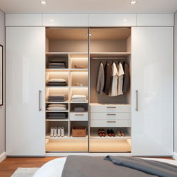 A built-in wardrobe designed for a bedroom featuring two large sliding doors finished in a glossy white lacquer, creating a sleek and modern appearance