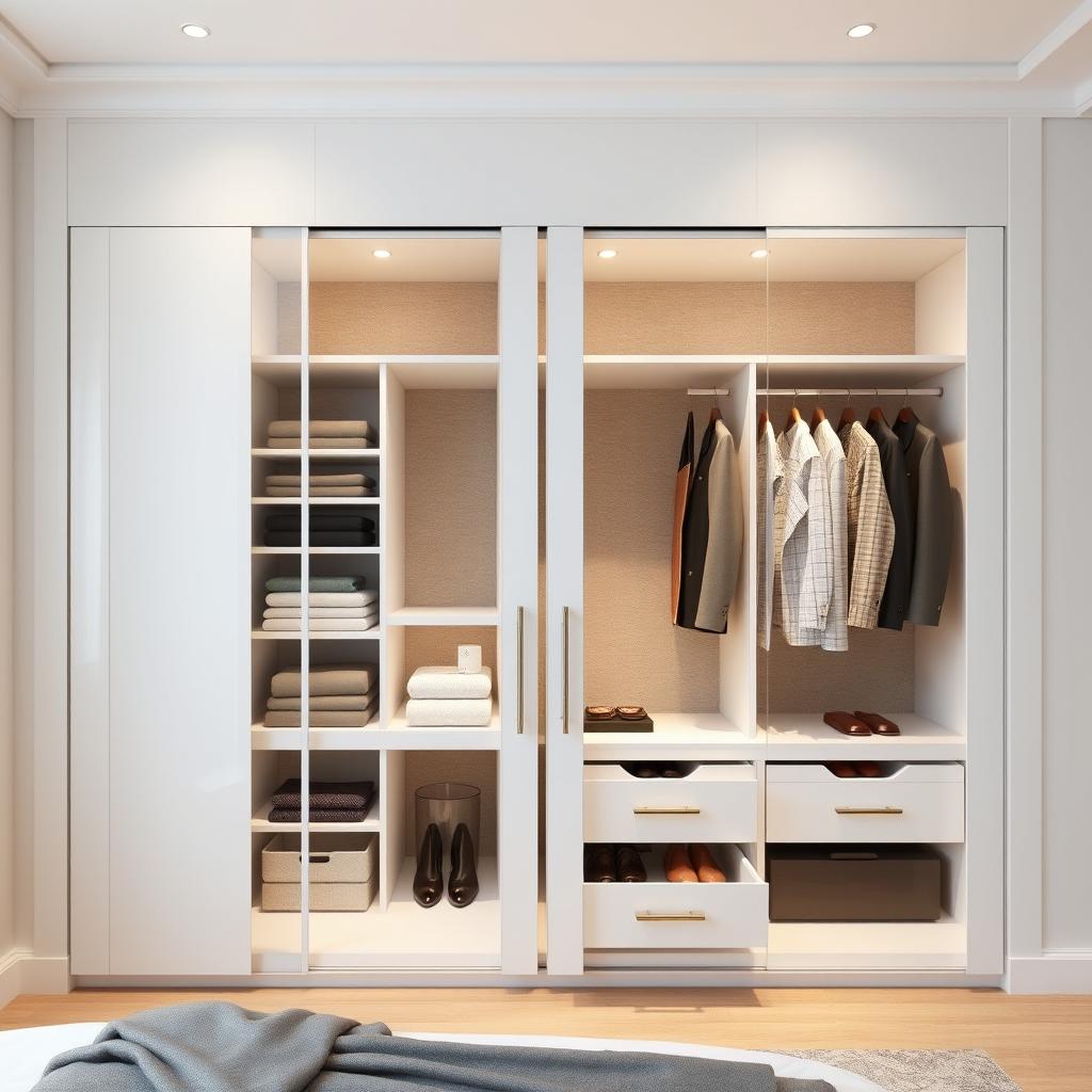 A built-in wardrobe designed for a bedroom featuring two large sliding doors finished in a glossy white lacquer, creating a sleek and modern appearance