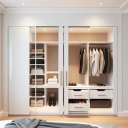 A built-in wardrobe designed for a bedroom featuring two large sliding doors finished in a glossy white lacquer, creating a sleek and modern appearance