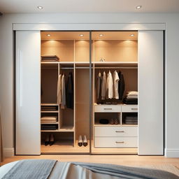 A built-in wardrobe designed for a bedroom featuring two large sliding doors finished in a glossy white lacquer, creating a sleek and modern appearance