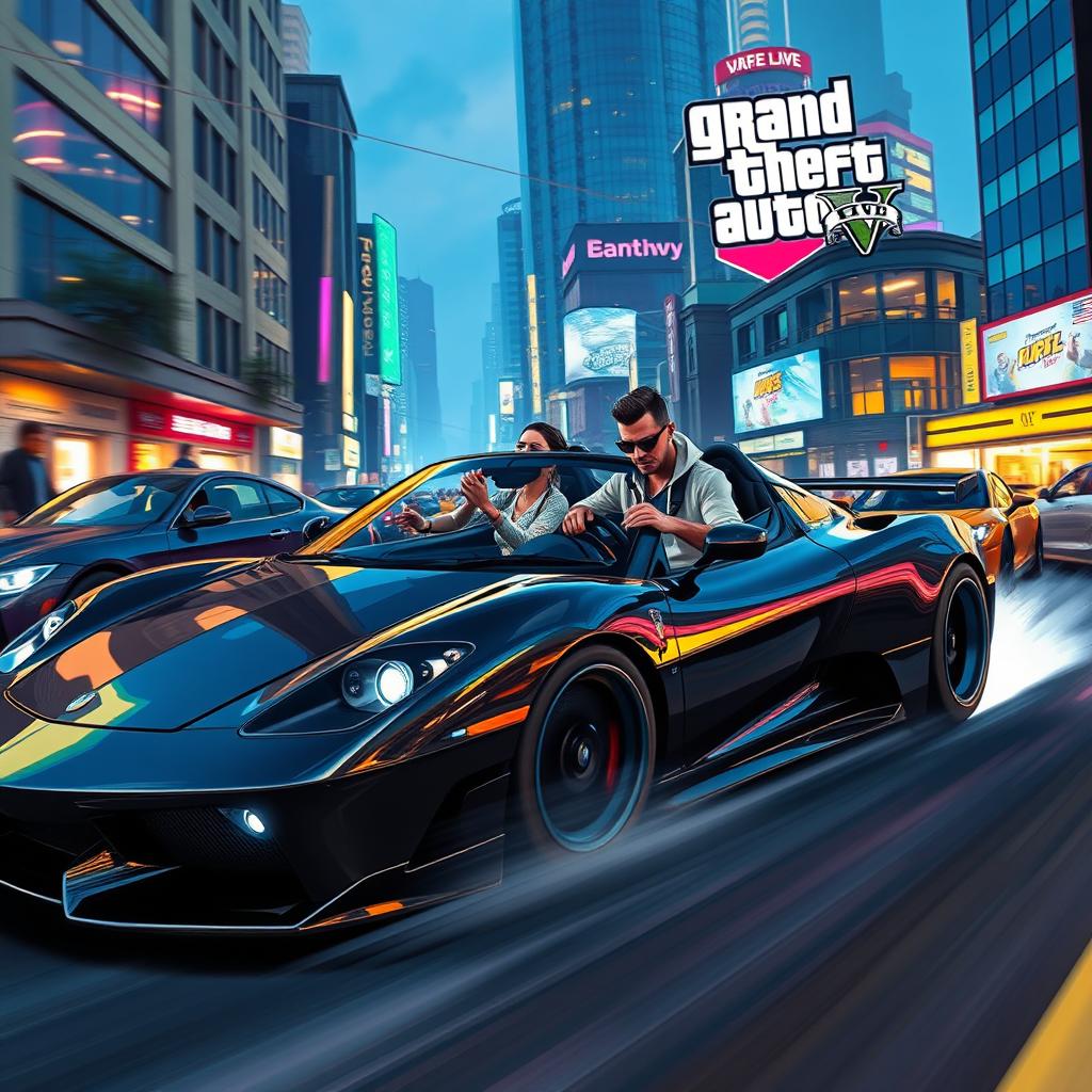 A dynamic scene depicting characters inspired by Grand Theft Auto V, driving a sleek, customized sports car through a vibrant cityscape environment