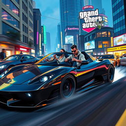 A dynamic scene depicting characters inspired by Grand Theft Auto V, driving a sleek, customized sports car through a vibrant cityscape environment