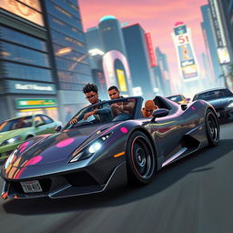 A dynamic scene depicting characters inspired by Grand Theft Auto V, driving a sleek, customized sports car through a vibrant cityscape environment