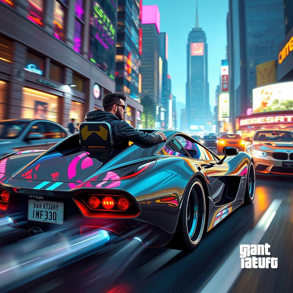 A dynamic scene depicting characters inspired by Grand Theft Auto V, driving a sleek, customized sports car through a vibrant cityscape environment