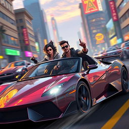 A dynamic scene depicting characters inspired by Grand Theft Auto V, driving a sleek, customized sports car through a vibrant cityscape environment