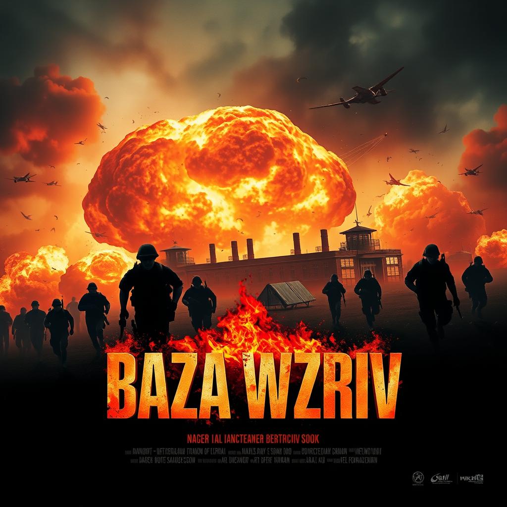 A thrilling movie poster for 'Baza Wzriv' showcasing an explosive scene at a military base