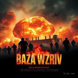 A thrilling movie poster for 'Baza Wzriv' showcasing an explosive scene at a military base