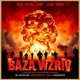 A thrilling movie poster for 'Baza Wzriv' showcasing an explosive scene at a military base