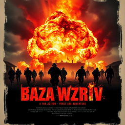 A thrilling movie poster for 'Baza Wzriv' showcasing an explosive scene at a military base