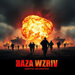 A thrilling movie poster for 'Baza Wzriv' showcasing an explosive scene at a military base