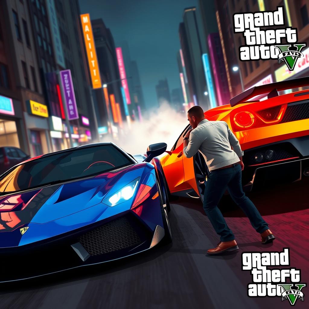 A stylized scene inspired by Grand Theft Auto V, featuring a dramatic moment where a sleek sports car is approaching a character on a city street