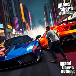 A stylized scene inspired by Grand Theft Auto V, featuring a dramatic moment where a sleek sports car is approaching a character on a city street