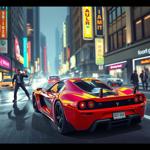 A stylized scene inspired by Grand Theft Auto V, featuring a dramatic moment where a sleek sports car is approaching a character on a city street