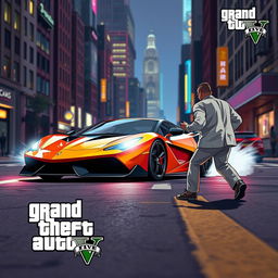 A stylized scene inspired by Grand Theft Auto V, featuring a dramatic moment where a sleek sports car is approaching a character on a city street