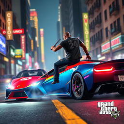 A stylized scene inspired by Grand Theft Auto V, featuring a dramatic moment where a sleek sports car is approaching a character on a city street