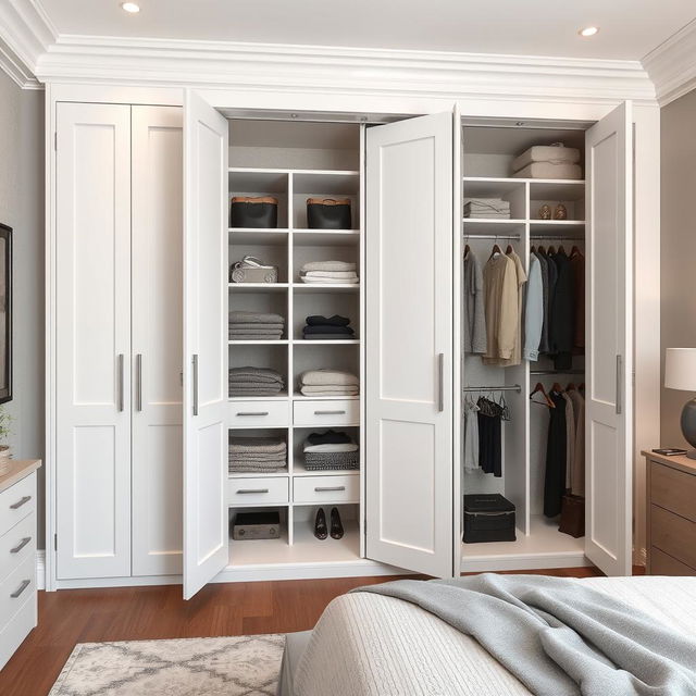 A spacious built-in wardrobe designed for a bedroom featuring six large folding doors finished in sleek white lacquer, complete with elegant handles for easy access