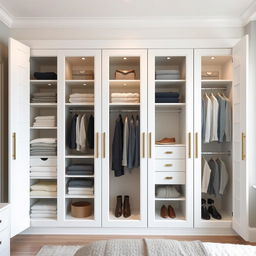 A spacious built-in wardrobe designed for a bedroom featuring six large folding doors finished in sleek white lacquer, complete with elegant handles for easy access