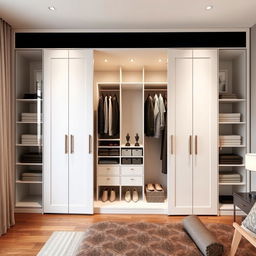 A spacious built-in wardrobe designed for a bedroom featuring six large folding doors finished in sleek white lacquer, complete with elegant handles for easy access