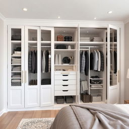 A spacious built-in wardrobe designed for a bedroom featuring six large folding doors finished in sleek white lacquer, complete with elegant handles for easy access