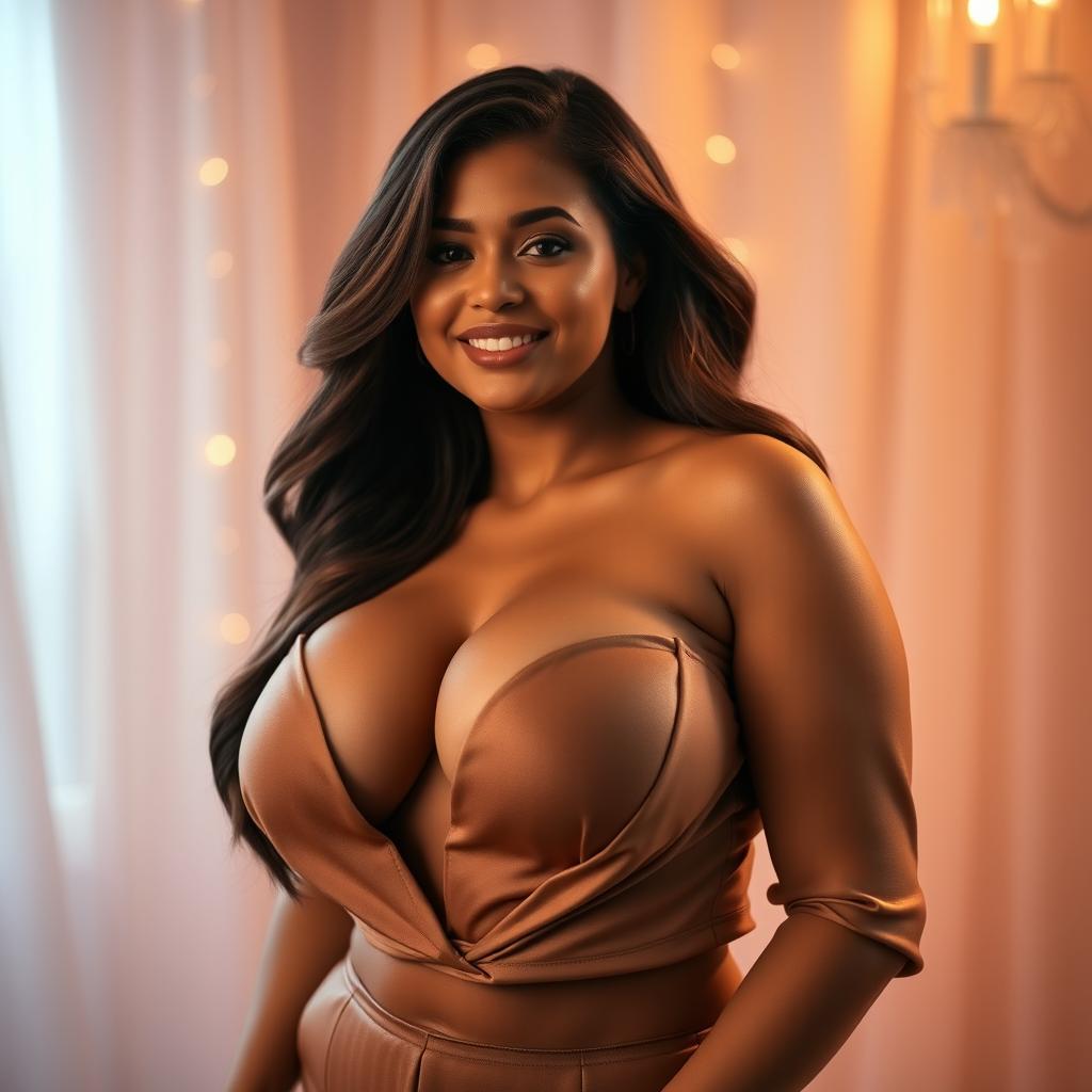 A voluptuous, elegant woman with curvy features and an alluring smile, exuding confidence and charm