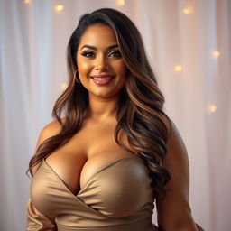 A voluptuous, elegant woman with curvy features and an alluring smile, exuding confidence and charm