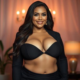 A voluptuous, elegant woman with curvy features and an alluring smile, exuding confidence and charm