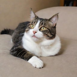 A playful domesticated cat lounging contently