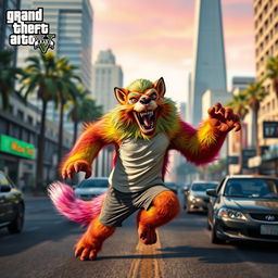 A whimsical scene featuring a player character transformed into a wild animal within the world of Grand Theft Auto V