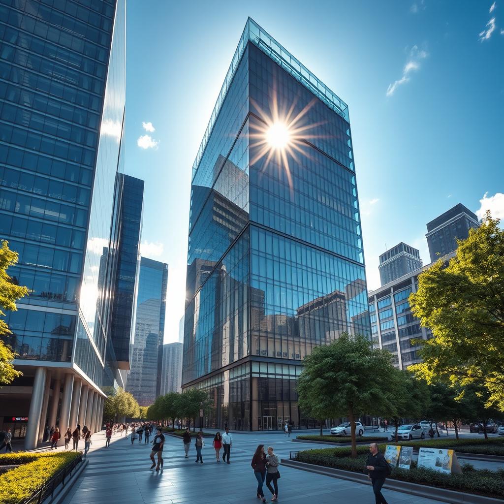 A stunning architectural scene showcasing various modern buildings (predios) with sleek glass facades, surrounded by lush greenery and blue skies