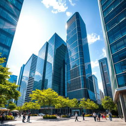 A stunning architectural scene showcasing various modern buildings (predios) with sleek glass facades, surrounded by lush greenery and blue skies