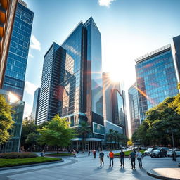 A stunning architectural scene showcasing various modern buildings (predios) with sleek glass facades, surrounded by lush greenery and blue skies