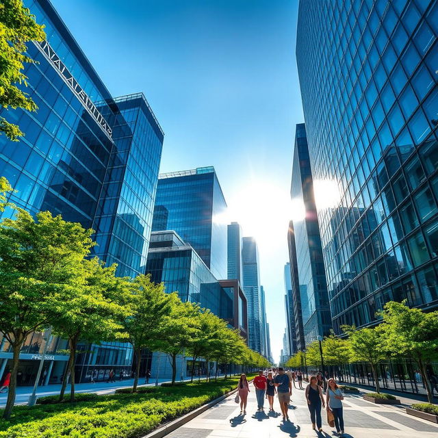 A stunning architectural scene showcasing various modern buildings (predios) with sleek glass facades, surrounded by lush greenery and blue skies